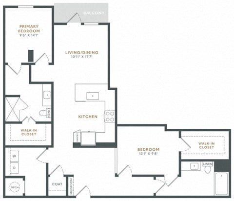 Floor plan for 2 beds, 2 baths, 1252 sqft